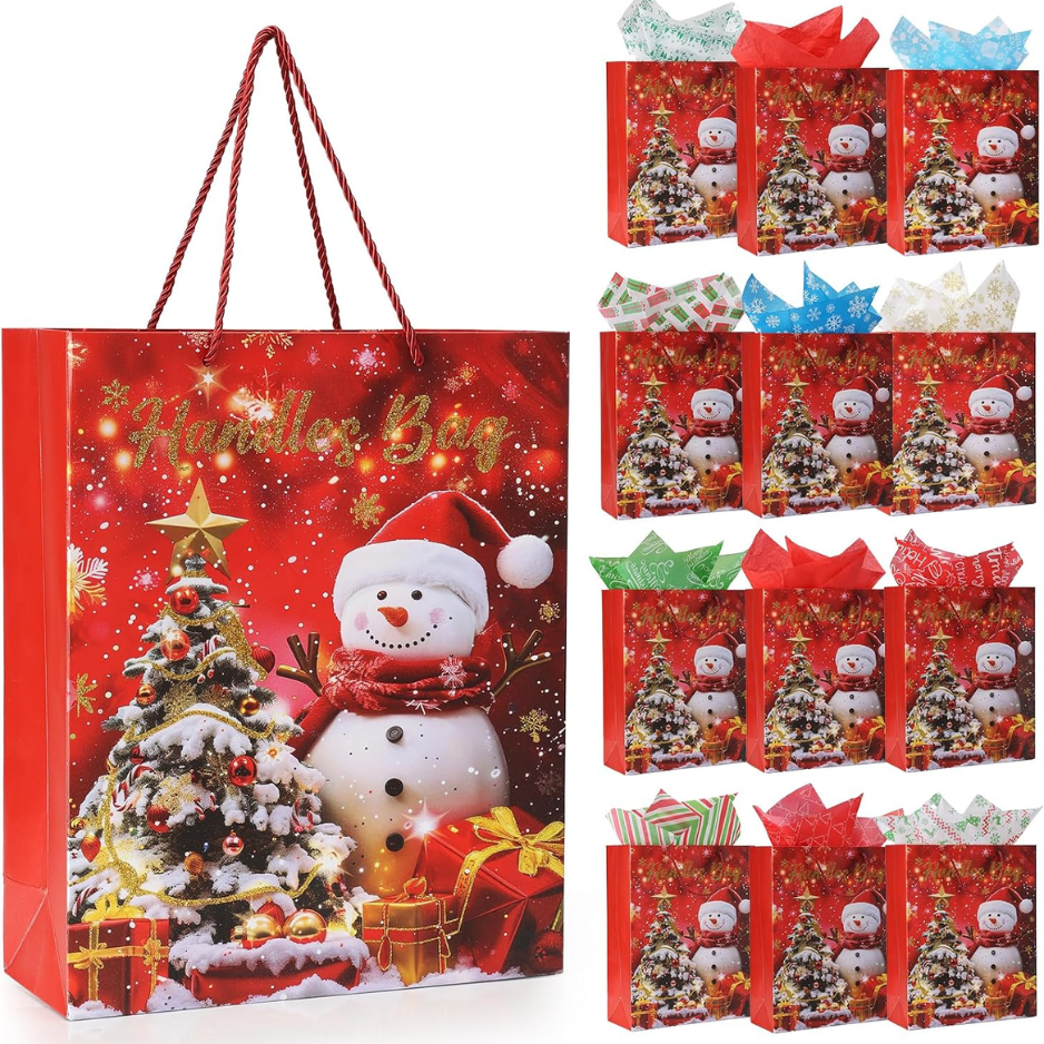 12 Christmas Gift Bags With 12 Tissues And 1 Satin Ribbon  Medium