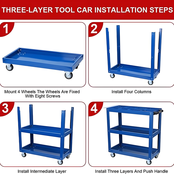 Upgrade 3-Tier Rolling Tool Cart With Lockable Wheels, Heavy Duty Steel Utility Cart, Kitchen Cart Organizer, Workshop Rolling Serving Cart For Garage, Warehouse, Blue thumbnail 3