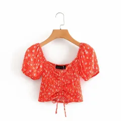 Slim Fit Cropped Crinkled Puff Sleeve V-Neck Floral Print Top - Red - View 1