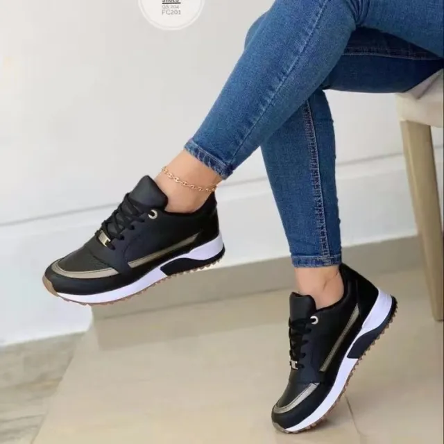 Casual Lace up Flat Shoes Women Shallow Round Toe Sports Walking Sneakers Black - Shop at LoveMi