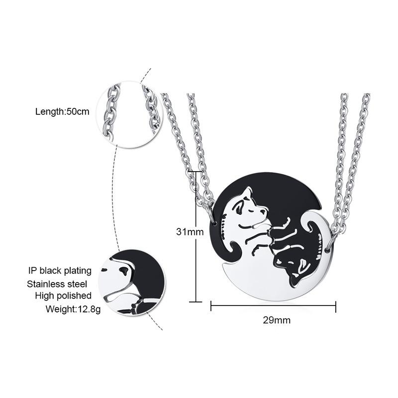 Stainless Steel Black And White Puppy Couple Pendant Necklace