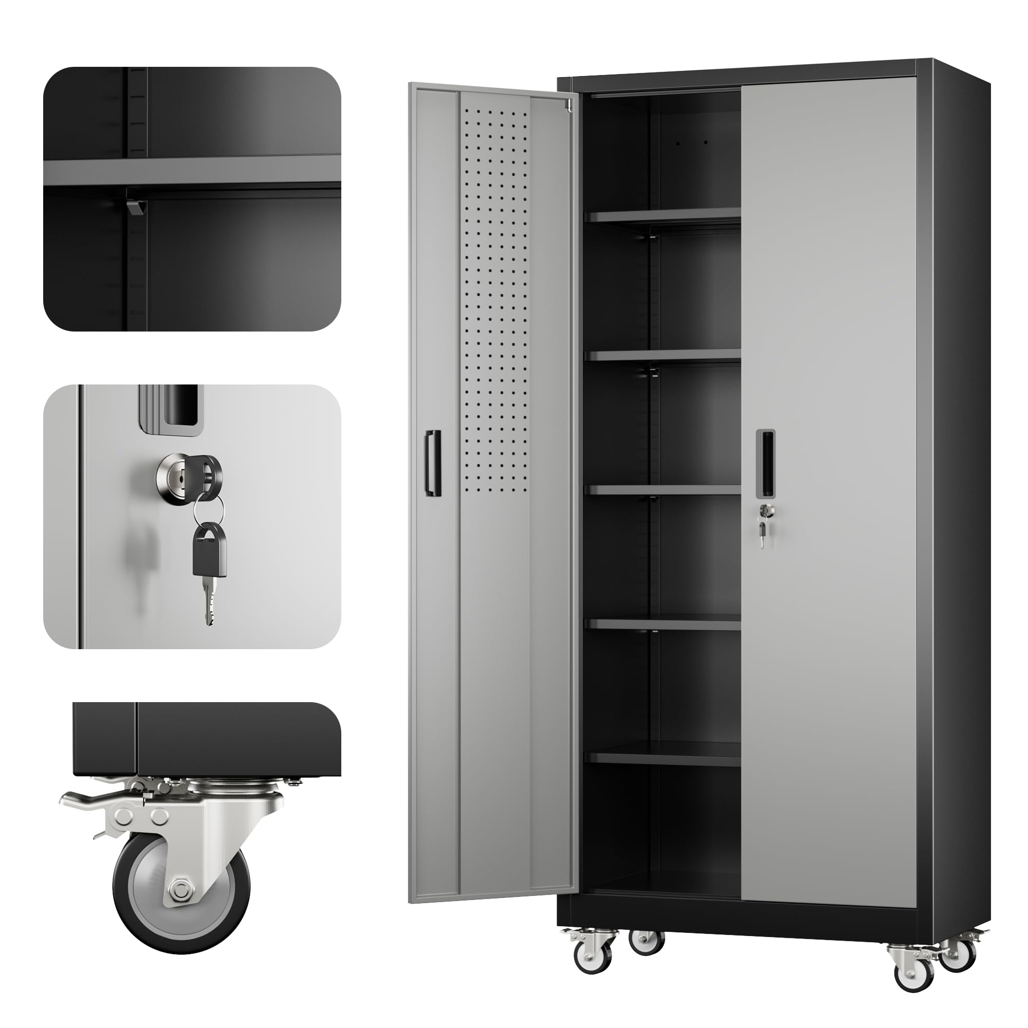Aobabo Upgrade 71Hinchx32inchWx16inchD Metal Garage Storage Cabinet With Wheels And Pegboards, 5 Adjustable Shelves Steel Storage Cabinets For Home,Warehouse,Garage,Assembly Required,Black Gray