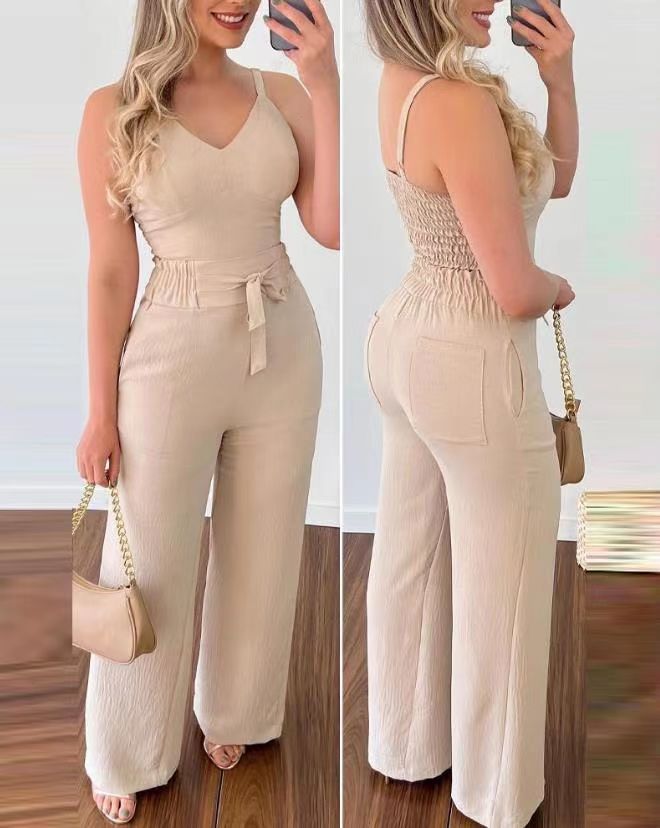 V-Neck Cami Top & High Waisted Tie-Waist Wide Leg Pants Two-Piece Set