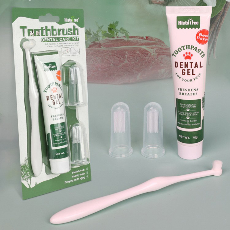 Pet Oral Hygiene Kit with Brushes, Toothpaste, and Flavors including a dual-sided toothbrush, long handle design, soft bristles, fingerbrush, and poultry-flavored toothpaste.