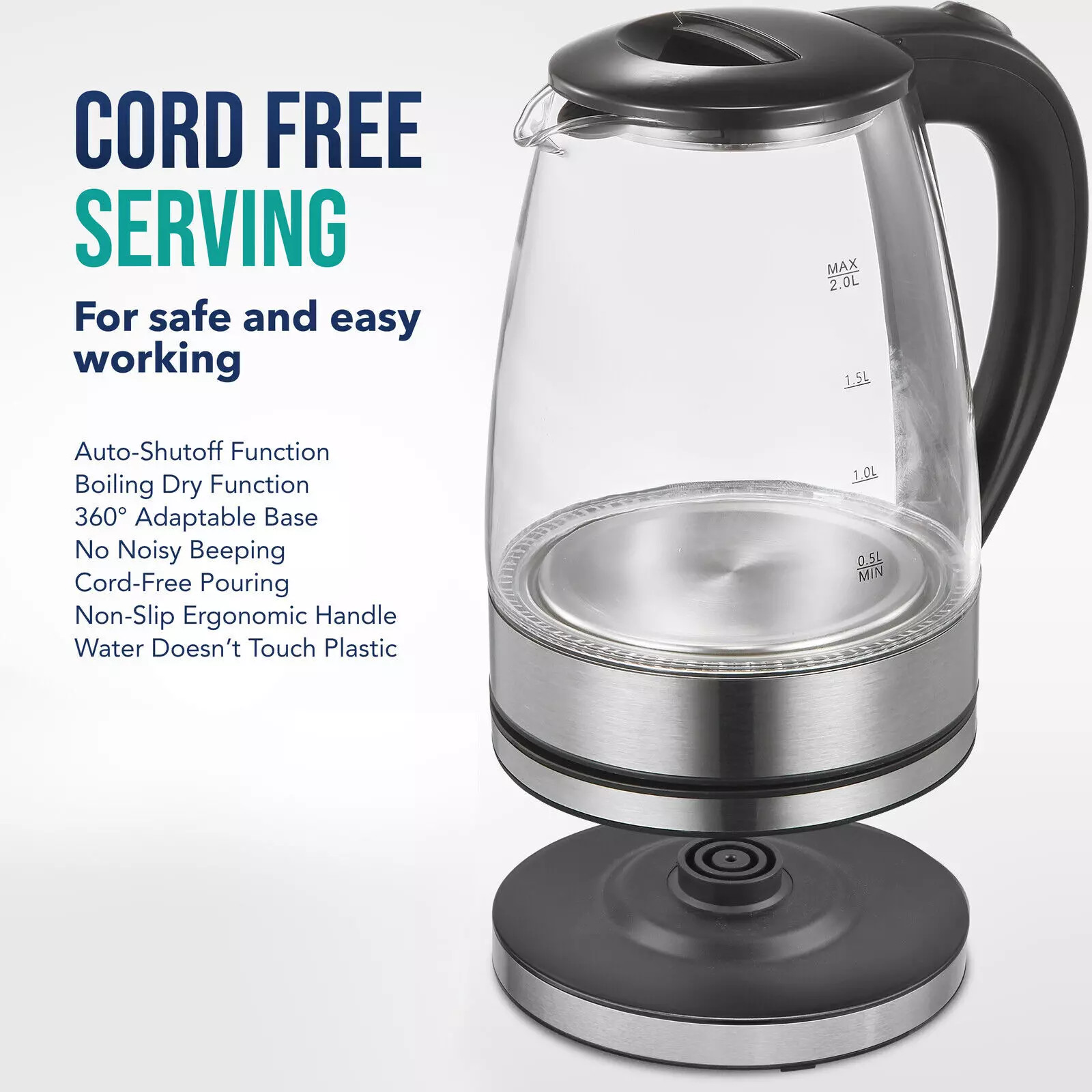 2L Electric Kettle Fast Boil Quiet Glass 360 Blue LED Boil-Dry Protection — image 6