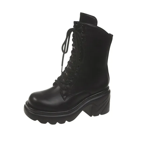 High heeled Thick heeled Short Motorcycle Fashion Women's Boots Black - Shop at LoveMi