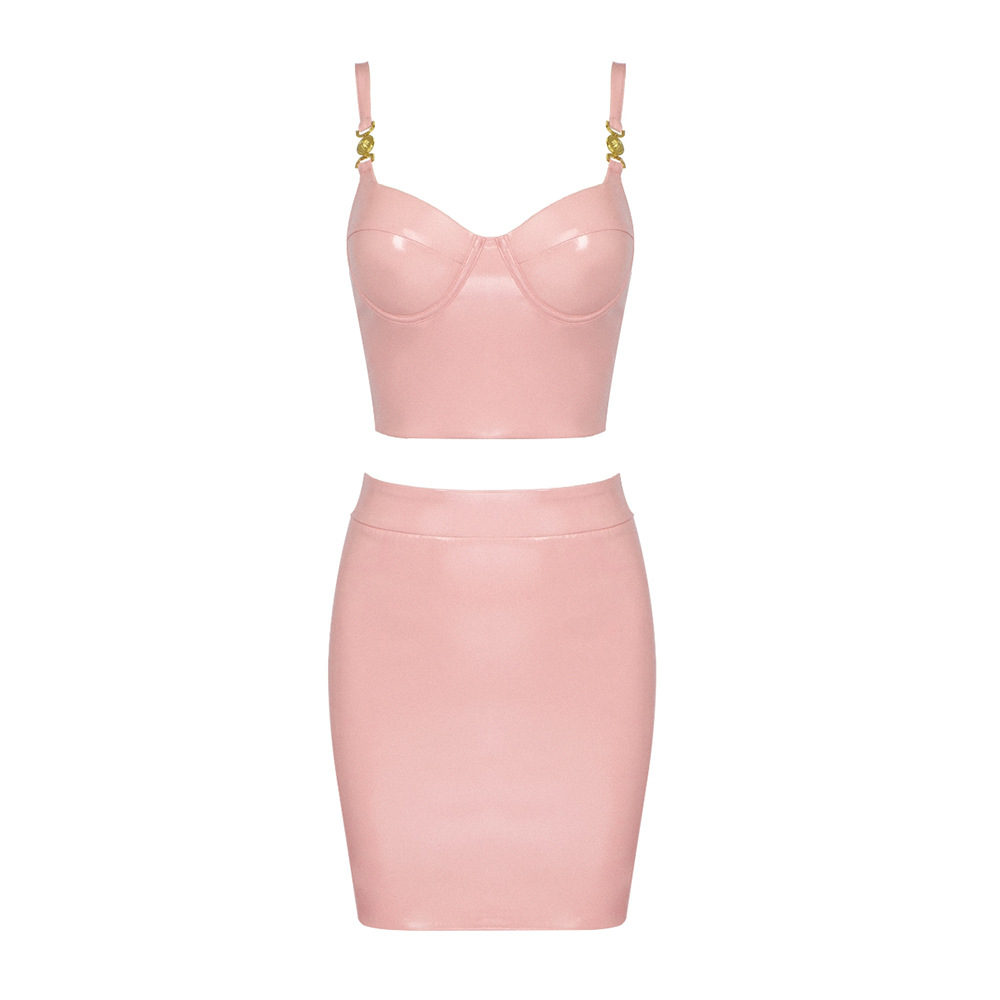 Women's Pu Leather Shiny Metal Buckle Suspender Skirt Two-piece Set - Image 3