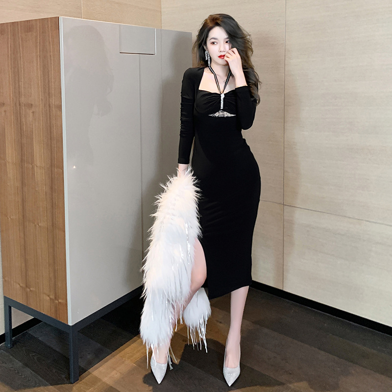 Women'sCutout Halter Dress Tight Waist Package Hip Over-the-knee Split Dress