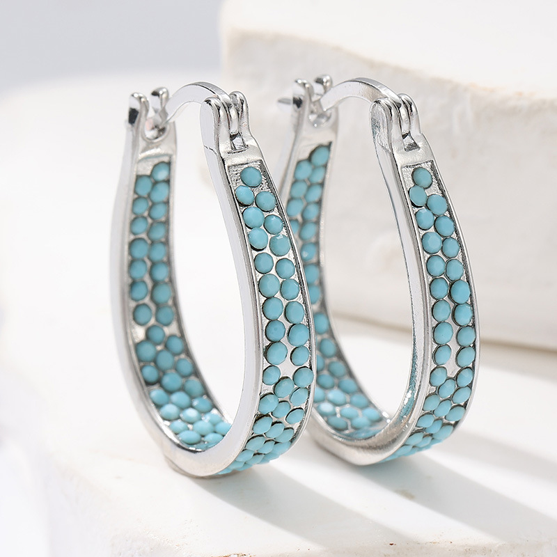 Colorful Crystal Turquoise Color Hoop Earrings Silver Tone Brass Women Party Fashion Jewelry Elegant Versatile 2