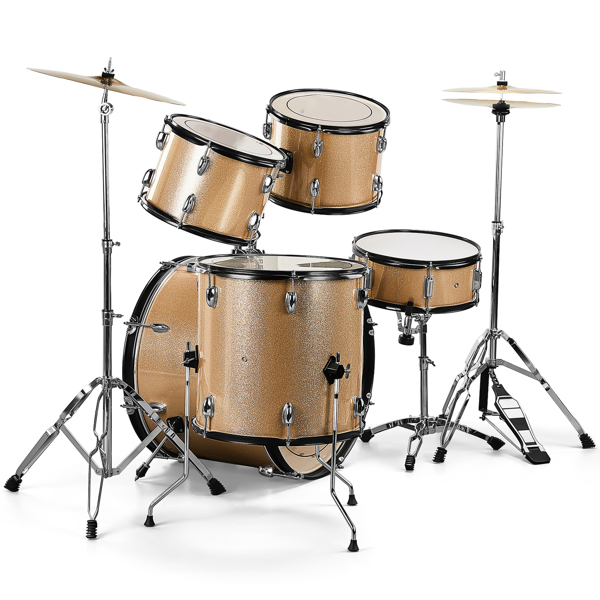 Full Size Adult Drum Set 5-Piece Champagne with Bass Drum, two Tom Drum, Snare Drum, Floor Tom, 16