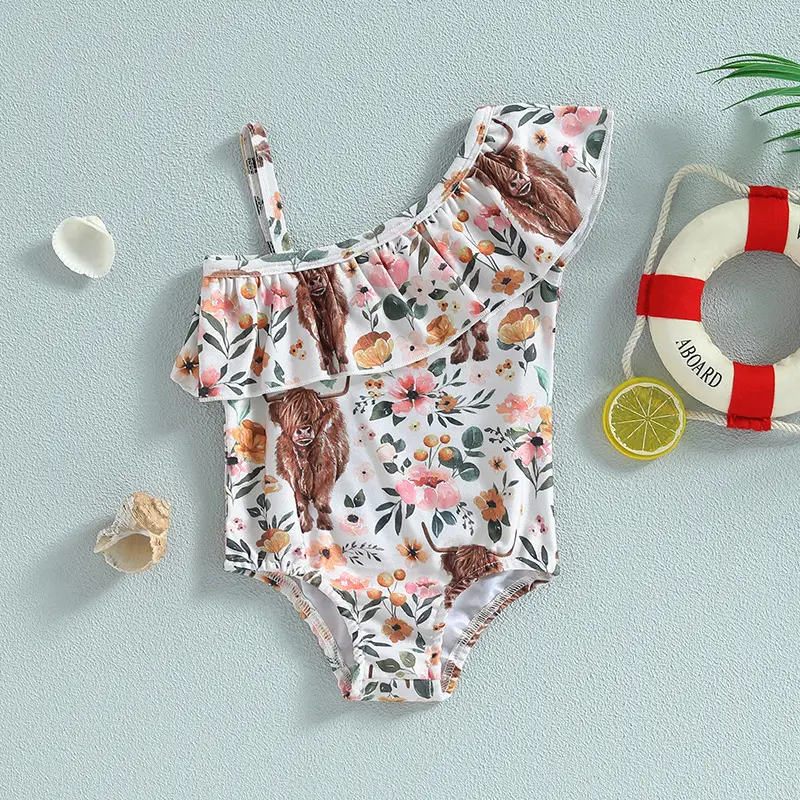 Girls Bull Head Print One-shoulder Strap Swimsuit
