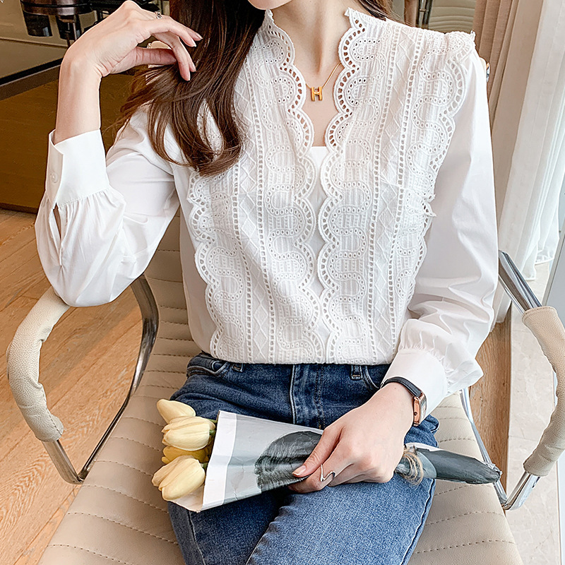 Title 4, Lace Hollow Stitching Loose Puff Sleeve Shirt