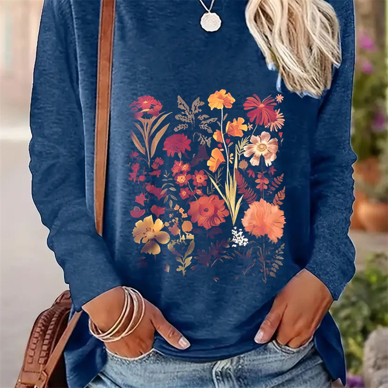 Spring And Autumn Women Casual Simple Pattern Printed Round Neck Long Sleeve T-shirt