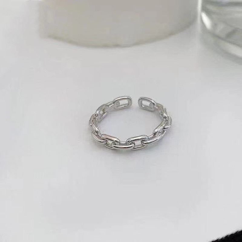 Silver Flash 925 Silver Ring Japanese And Korean Version Chain Hollow Square