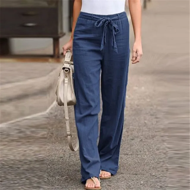 Elastic Waist Solid Color Cotton And Linen Belt Wide Leg Loose Trousers Navy Blue - Shop at LoveMi