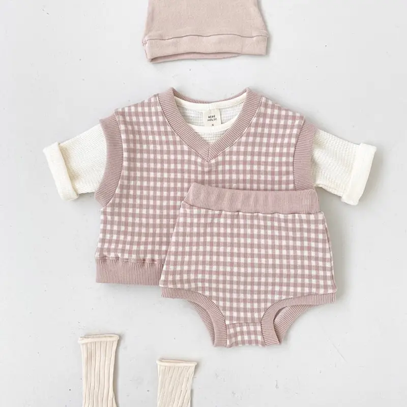 Toddler Cute Plaid V-neck Vest Suit