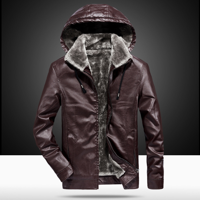 Men's PU Leather Casual Padded Hooded Jacket