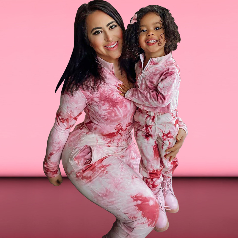 Printed Tie dye Long sleeved Sweater Parent child Suit Rose Red - Shop at LoveMi
