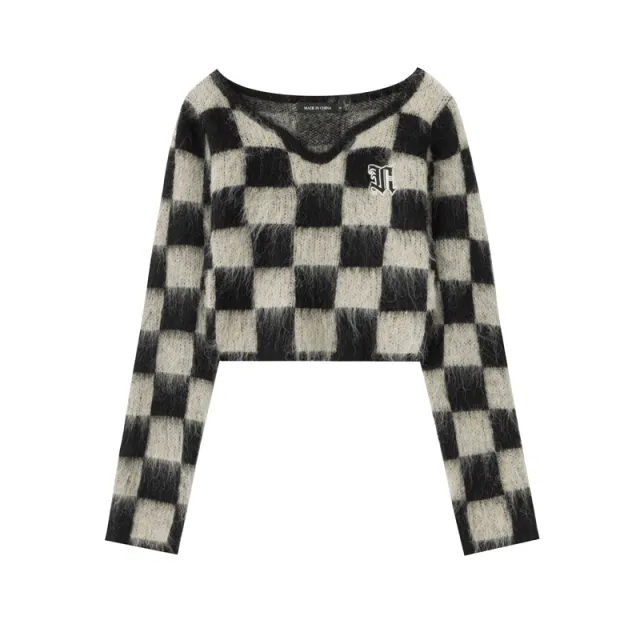 Women's Long Mohair Checkerboard Sweater Black - Shop at LoveMi