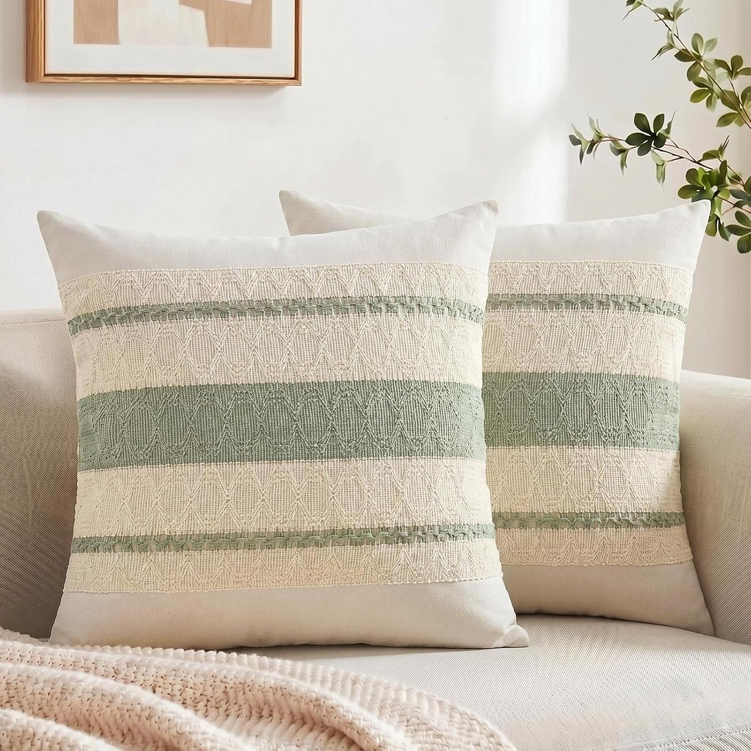 Boho Throw Pillow Covers 2 Pack, 14x14 Inch Sage Green Decorative Cushion Cases For Sofa, Couch, Bed And Bedroom Decor