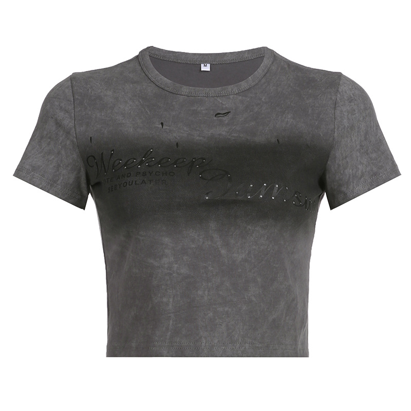 American Retro Washed And Worn Letter Print Short-sleeve