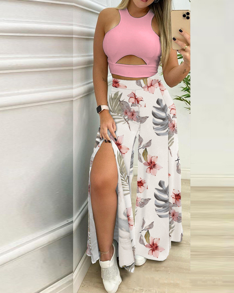 Title 4, Summer Contrast Slit Wide Leg Pants Set