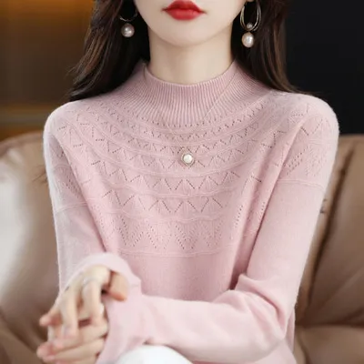 Half High Collar Thin Sweater Seamless Wool Pink - Shop at LoveMi