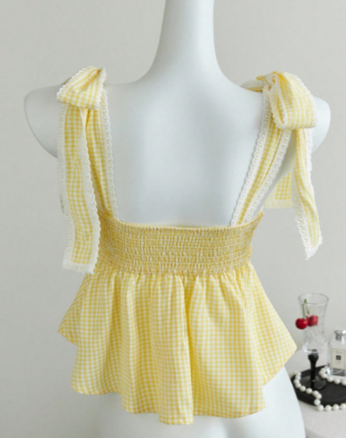 Bow Tie Lace Trim Waist Cinched Peplum Cami Top