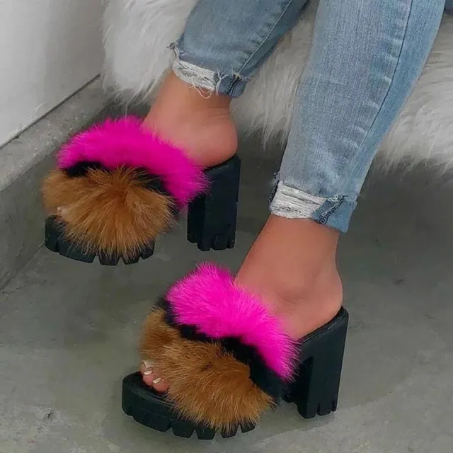 Waterproof Platform High heeled Sandals Women's Plus Size Color Plush Slippers Black - Shop at LoveMi