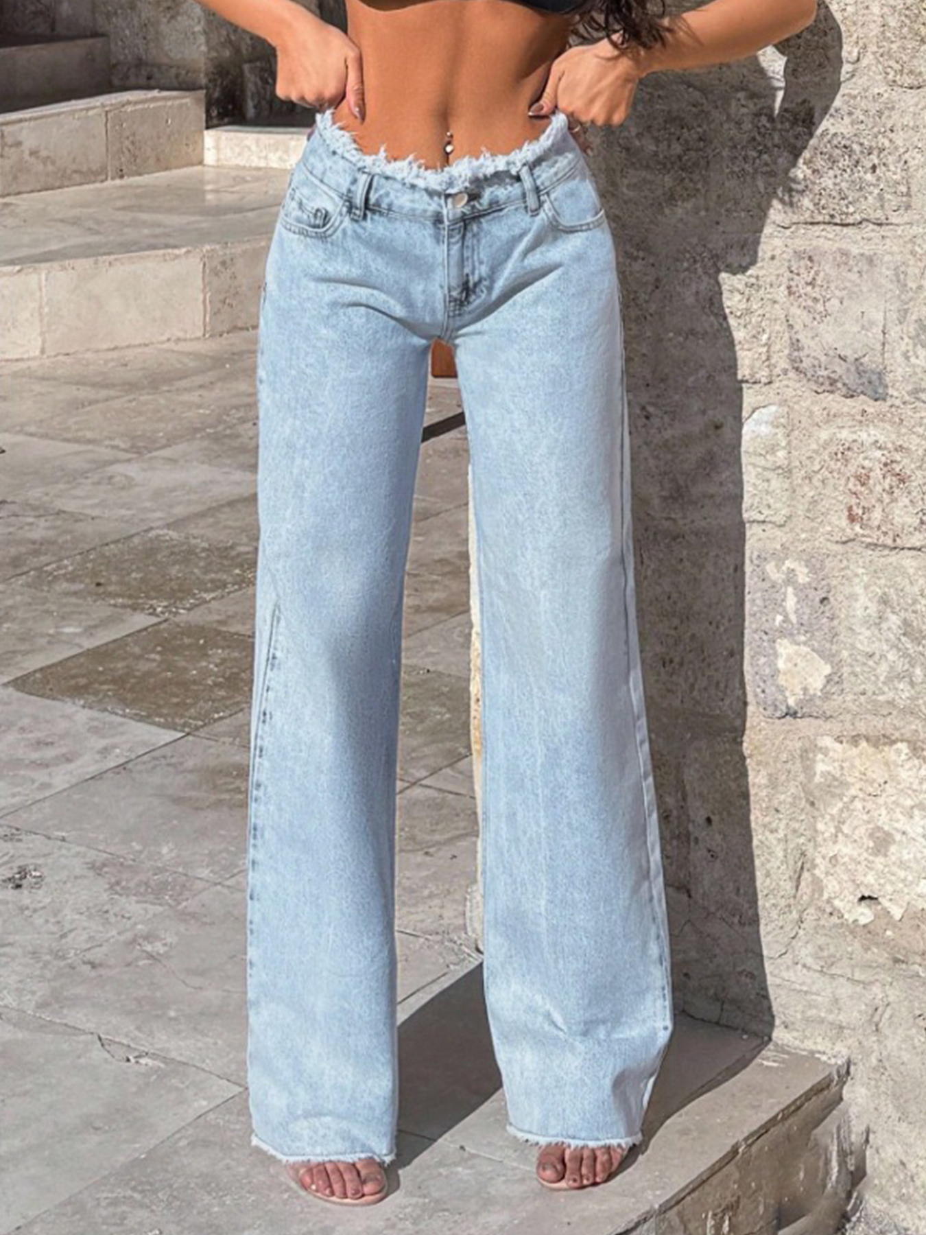 New Women's High-quality Low-rise Frayed Hem Loose Straight Leg Denim Wide-leg Pants, Fashionable And Versatile, Suitable For All Seasons.