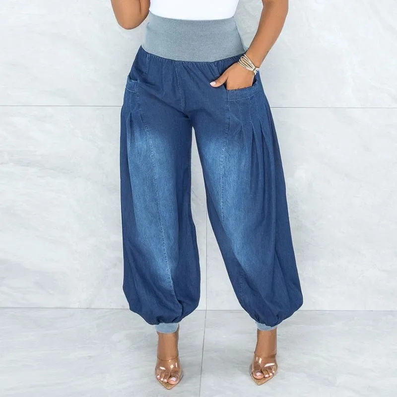 Summer Thin Loose Wide-leg Pants Harem Pants Elastic Waist Denim Trousers Women - Blue