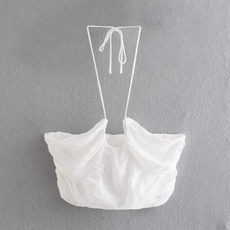 Pleated Cross Halter Tank Solid Color Top White - Shop at LoveMi