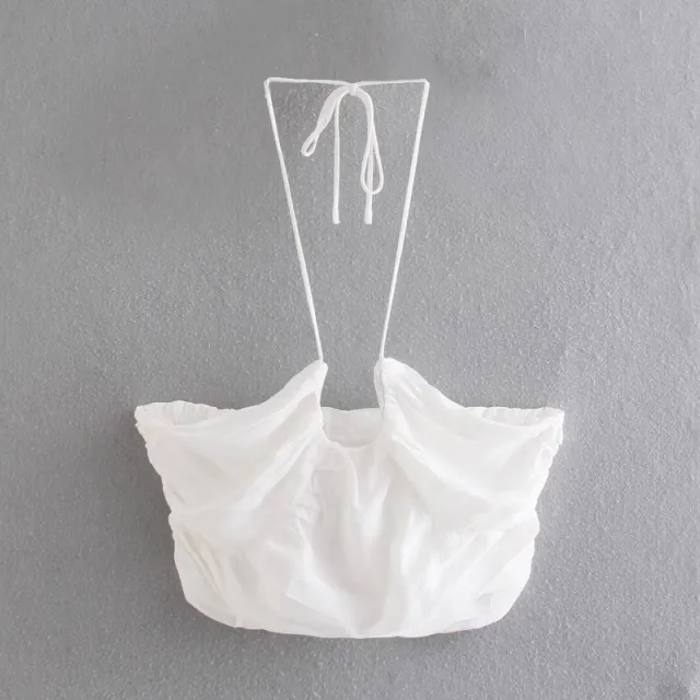 Pleated Cross Halter Tank Solid Color Top White - Shop at LoveMi