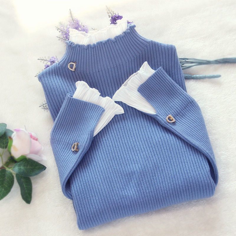 Half High Collar Bottom Sweater With Wooden Ear Edge Top For Women Blue - Shop at LoveMi