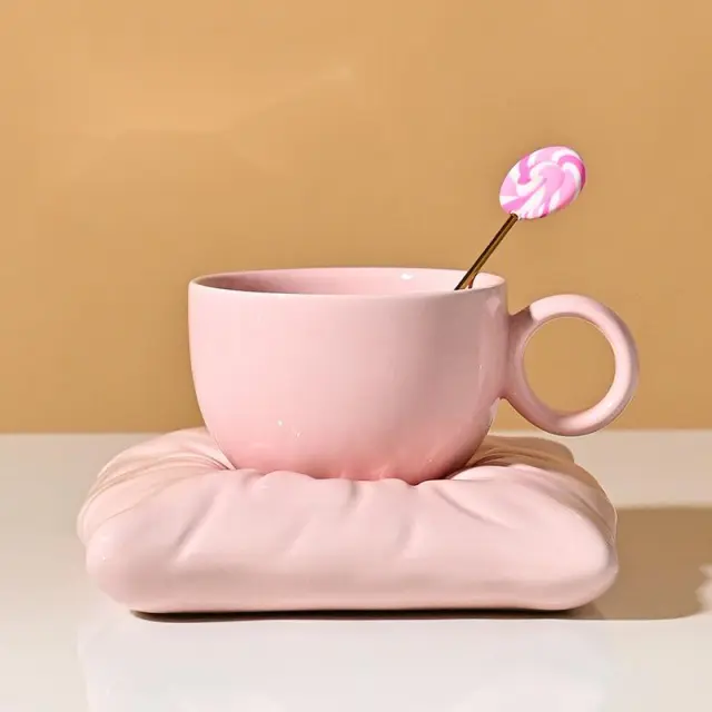 Candy Solid Color Mug And Saucer Set Pink - Shop at LoveMi