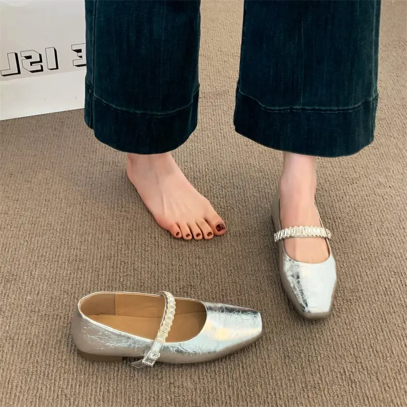 Women Minimalist Elegant Metallic Leather Flats, Square Toe Single Crystal Rhinestone Strap Slip On Lightweight Flat Casual Office Commuting Dress Shoes