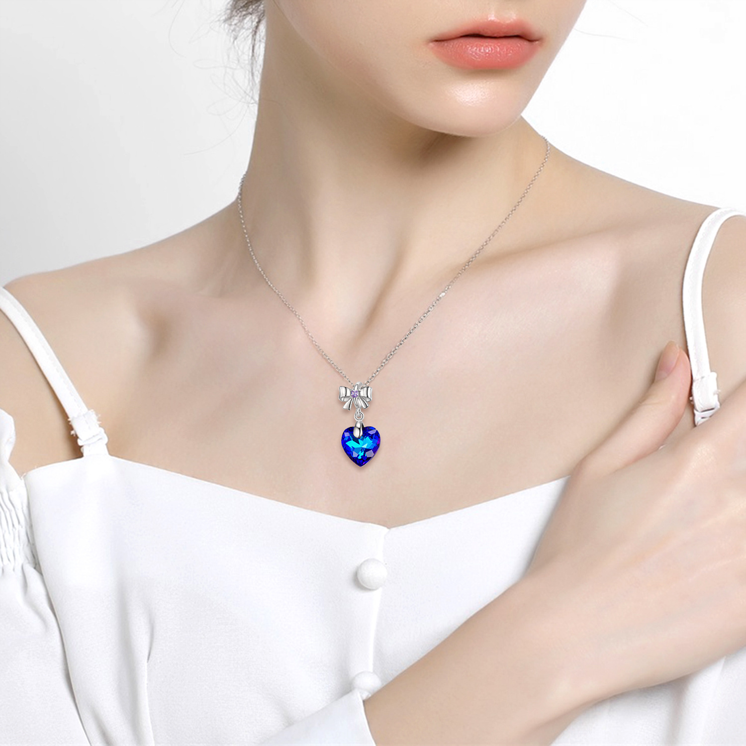 Blue Light Heart-shaped Crystal Pendant Sterling Silver 925 Bowknot Female Necklace Bracelet Diy Accessories