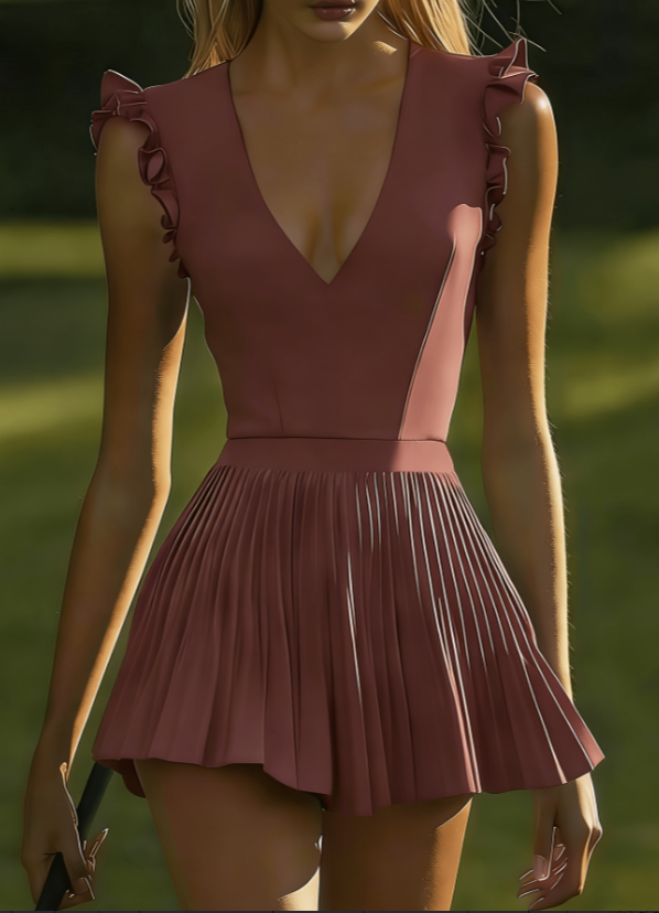 V-neck, Ruffled Trim, Fitted Waist, Pleated French-style Short Dress