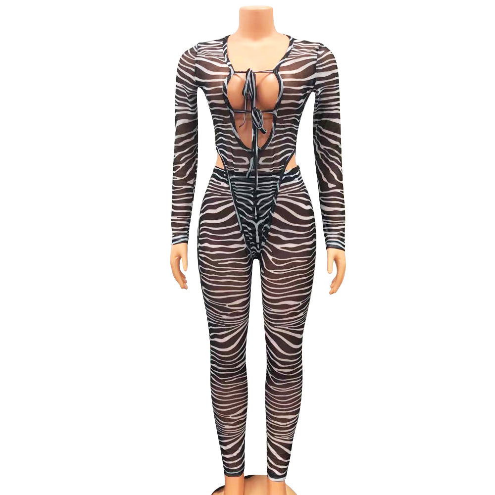 Sexy Mesh Printed See-Through Hollow One-Piece Two-Piece Suit