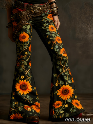 Pantalon évasé femme rétro imprimé, taille haute à bouton unique – Color14, XXL