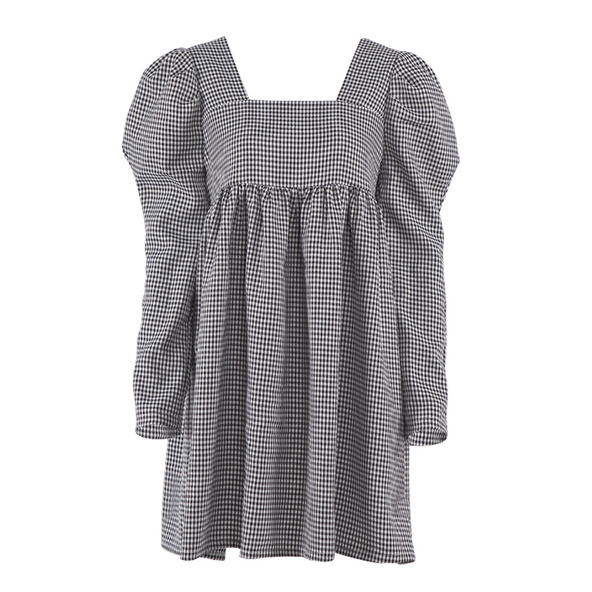 Black And White Plaid Square Neck Puff Sleeve Loose A-line Skirt