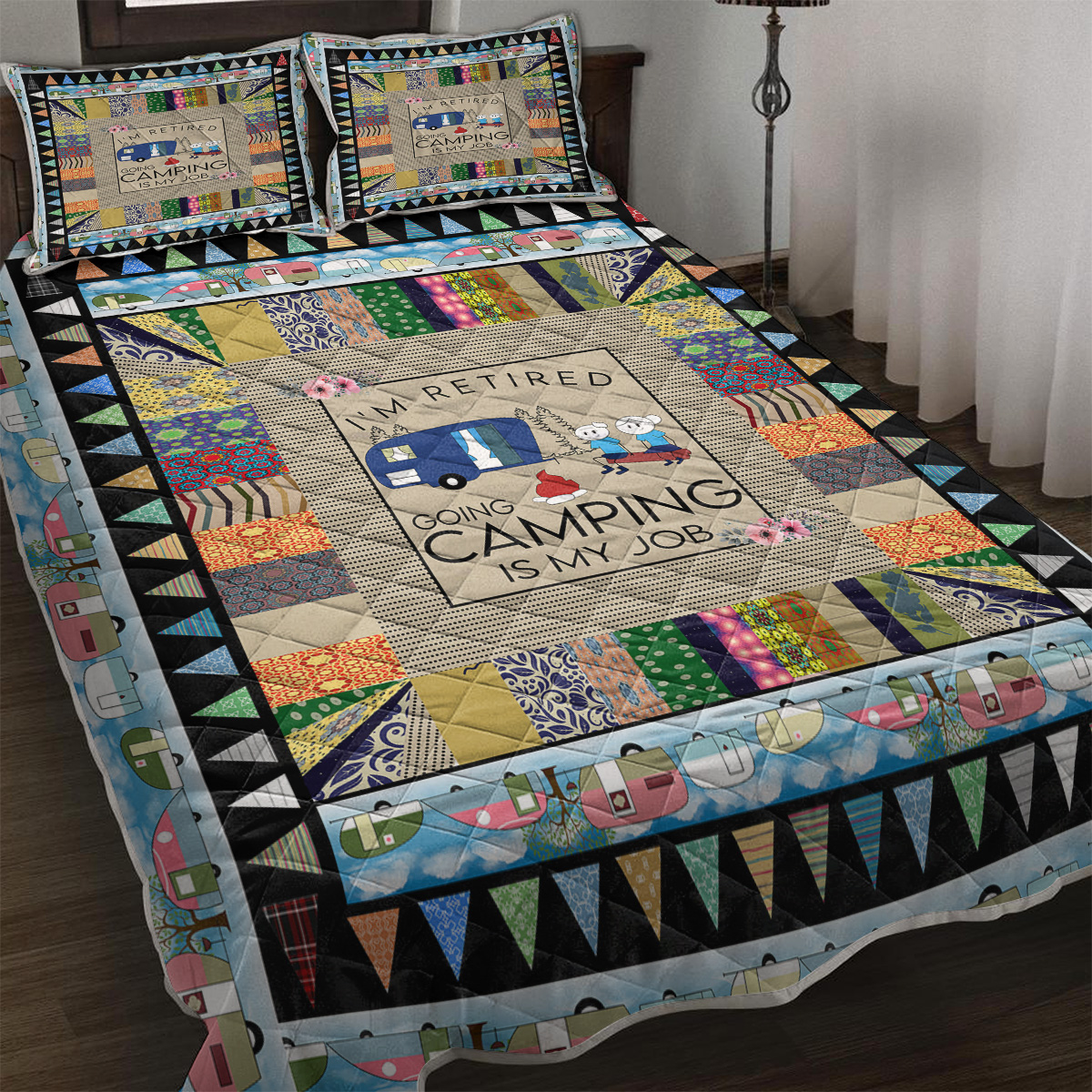 Retired Camping Is My Job Funny Camping Camper Quilt Set Camper Retirement Gift All Season, Lightweight, Coverlet Bedspread Bedding, 2 Matching Shams, 3 Piece