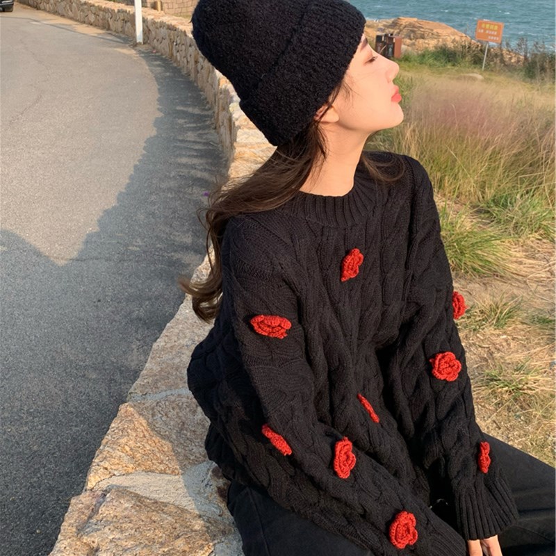 Vintage Heavy Industry Crochet Rose Flower Sweater Women's Handmade Knitted Top