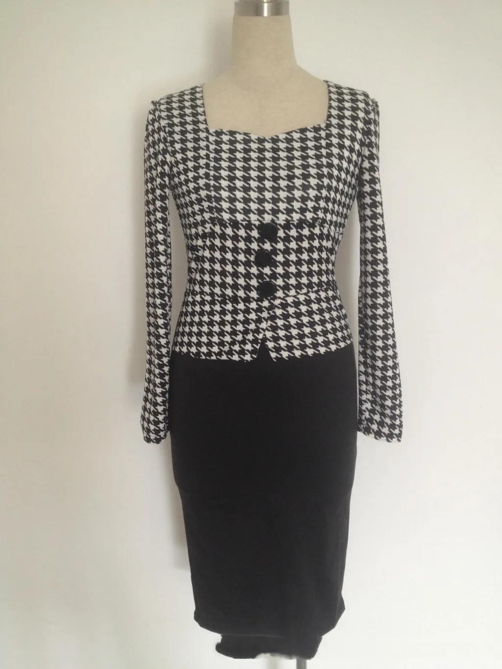 Houndstooth Fake Two Piece Panel Slim Pencil Dress - Houndstooth