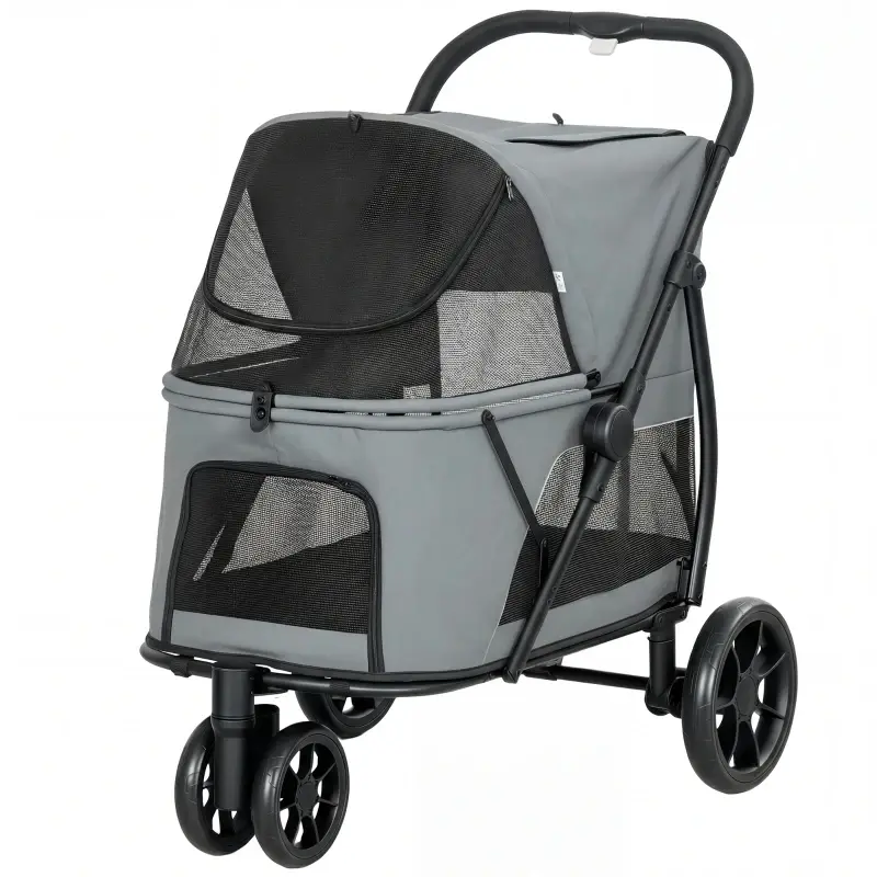 3 Wheel Pet Stroller With Easy One-Click Quick Fold, Mesh Window, Washable Cushion, For Medium Dogs, Gray