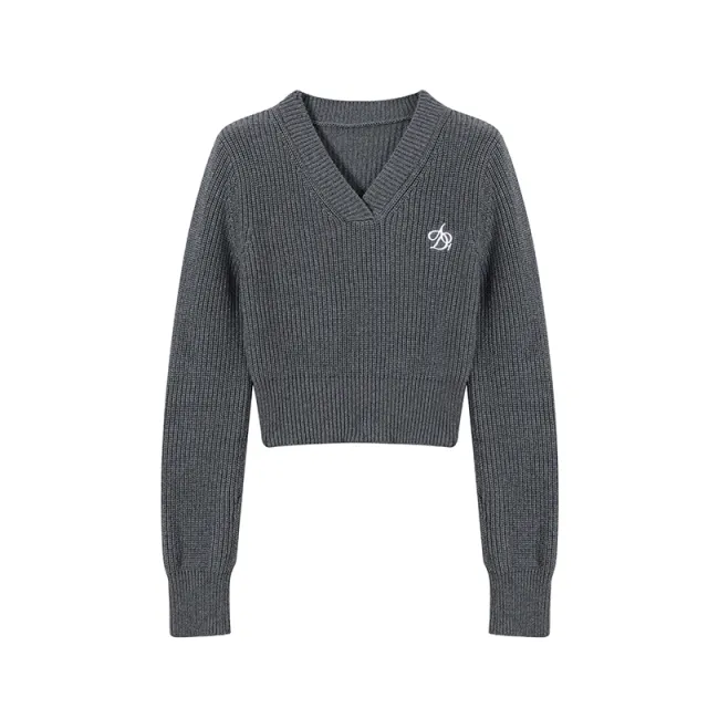 Women's Embroidered V neck Long sleeve Knitwear Top Bottoming Shirt Sweater Grey - Shop at LoveMi