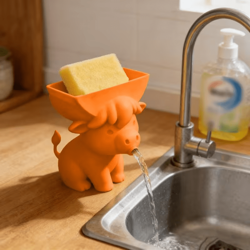 Cute Cow Sponge Holder, Kitchen Sink Organizer With Drain Spout, Animal Shaped Sponge Storage Rack For Countertop
