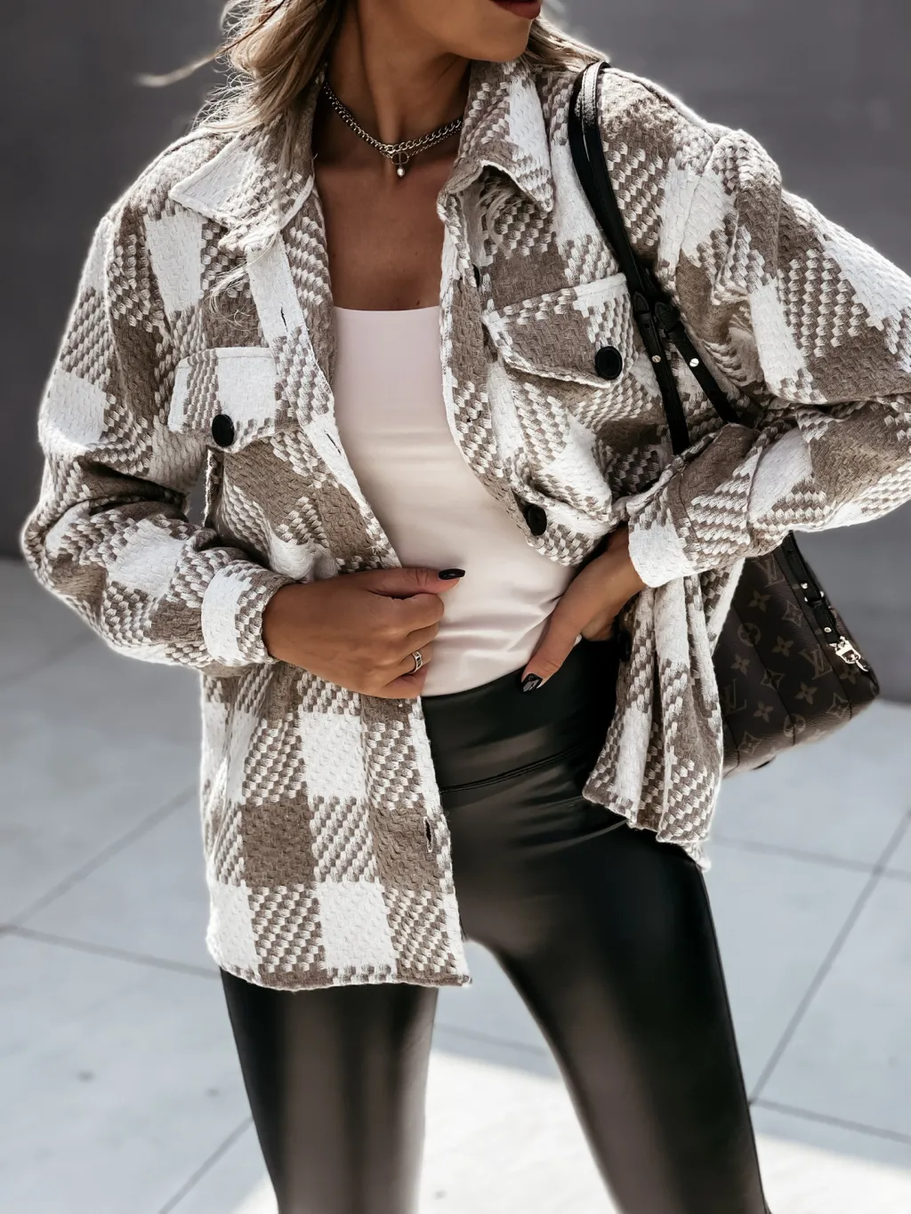 Explosive Net Red Autumn And Winter Long-sleeved Houndstooth Printed Woolen Jacket Women - Khaki