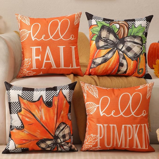 4-Piece Fall Pillow Covers, 18x18 Inch Double-Sided Pumpkin Decorative Cushion Covers For Home Decor
