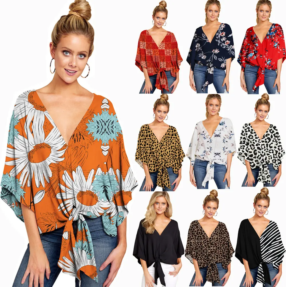 Spring and Summer New V-neck Short-sleeved Printed Loose Top